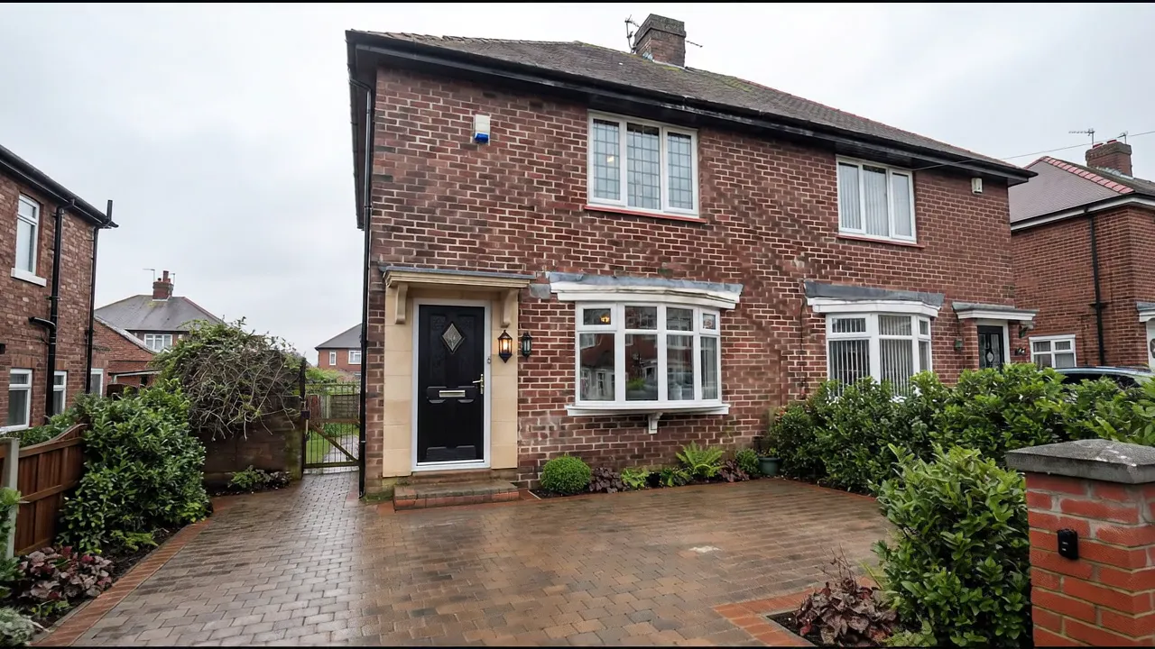 A renovated red-brick semi-detached house on a North East street