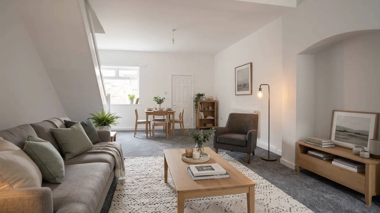 Renovated living room with a grey sofa and oak furniture