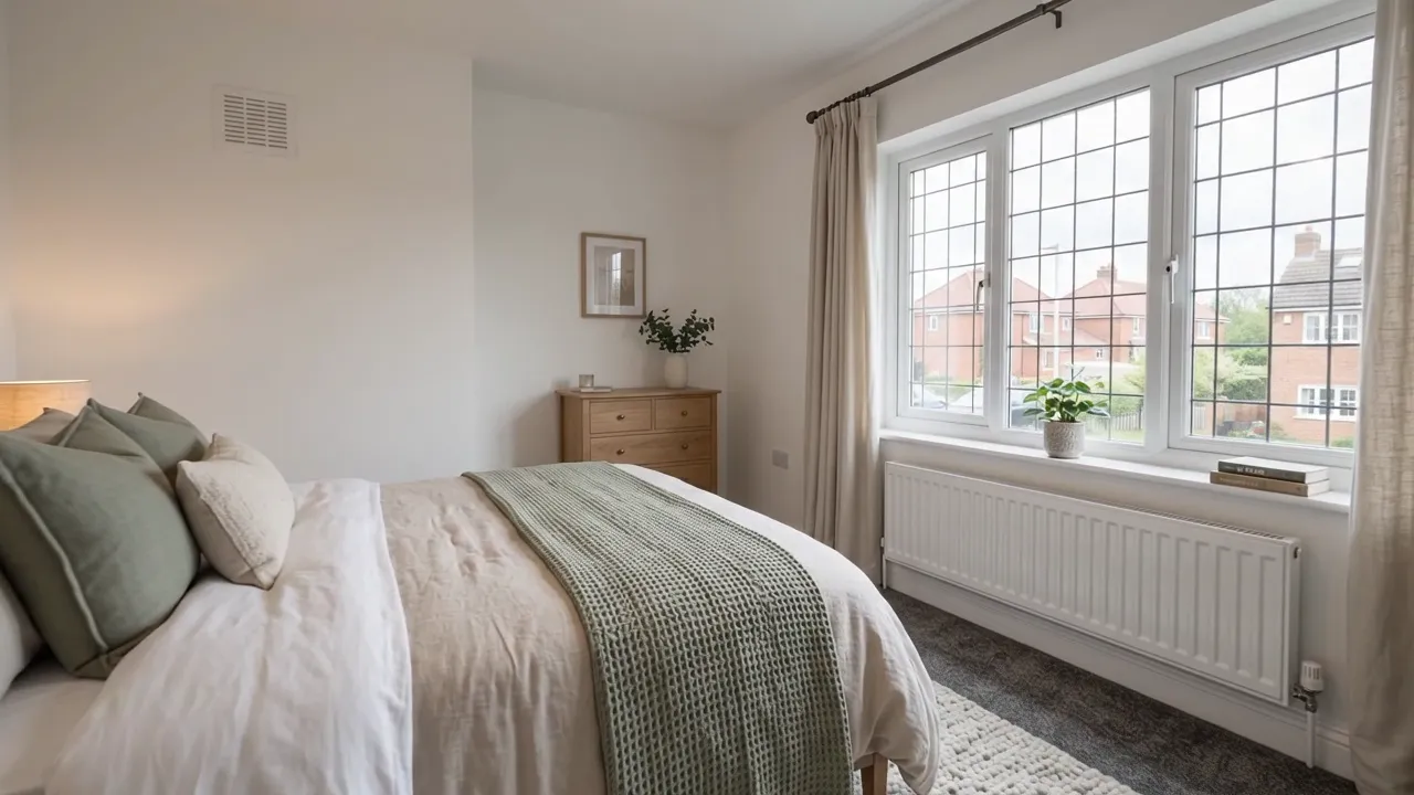 Bedroom with a double bed beside a large window
