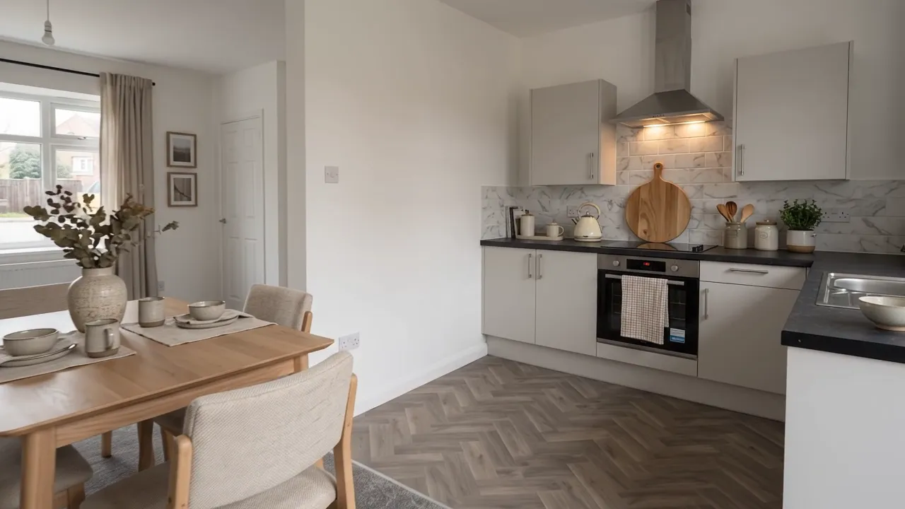 Bright fitted kitchen with dark worktops