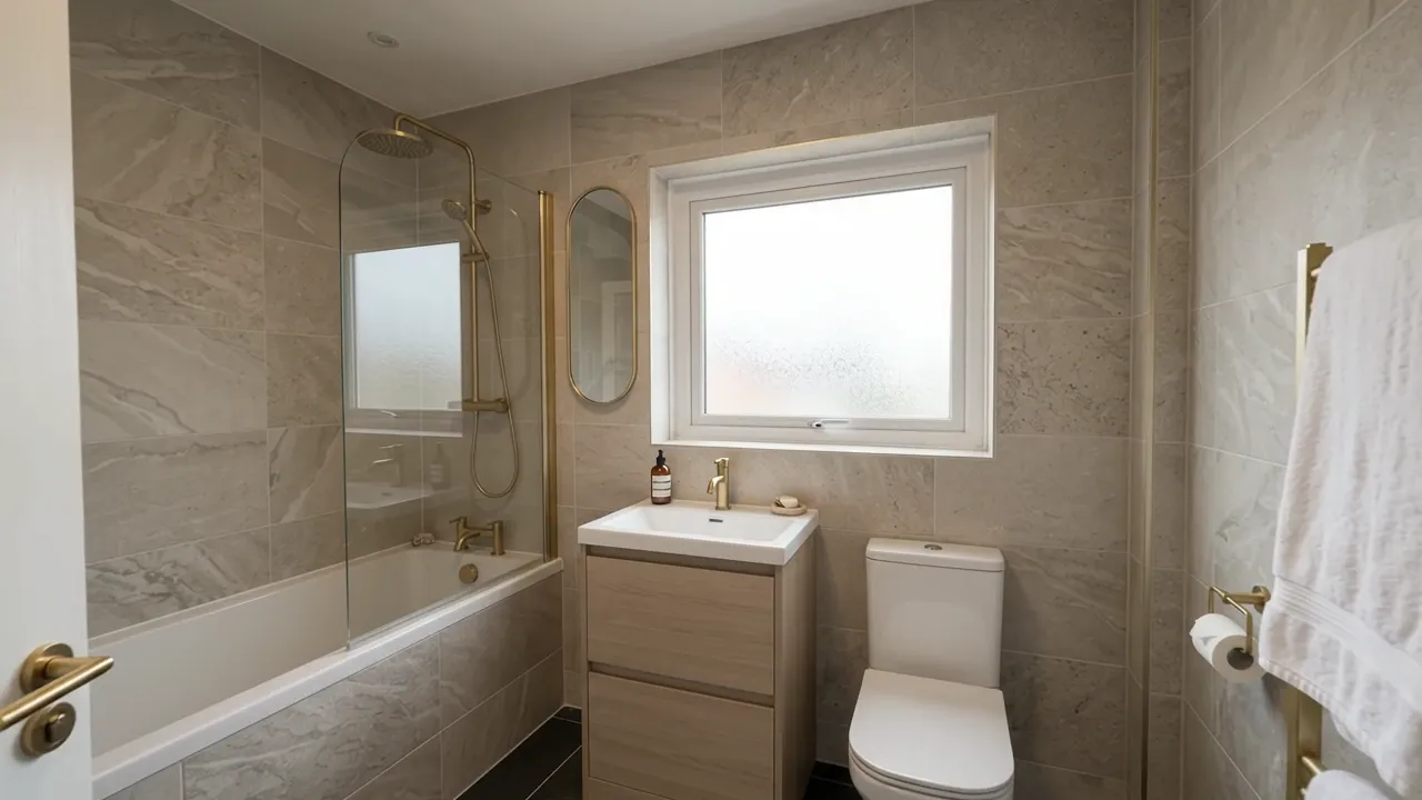 Tiled bathroom with brass towel rail