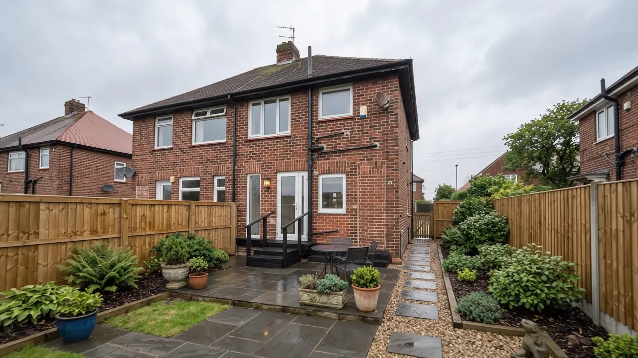 Rear garden and back of a brick house